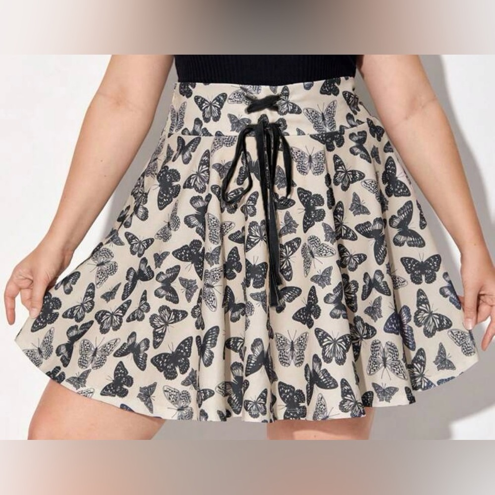 NEW 1 XL Marina Oliveira Plus Butterfly Print Lace Up Flare Hem Skirt